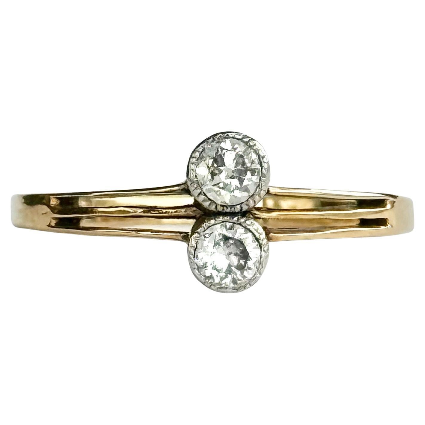 Bague à panneau à deux pierres en or 18 carats et platine, avec diamant Art déco