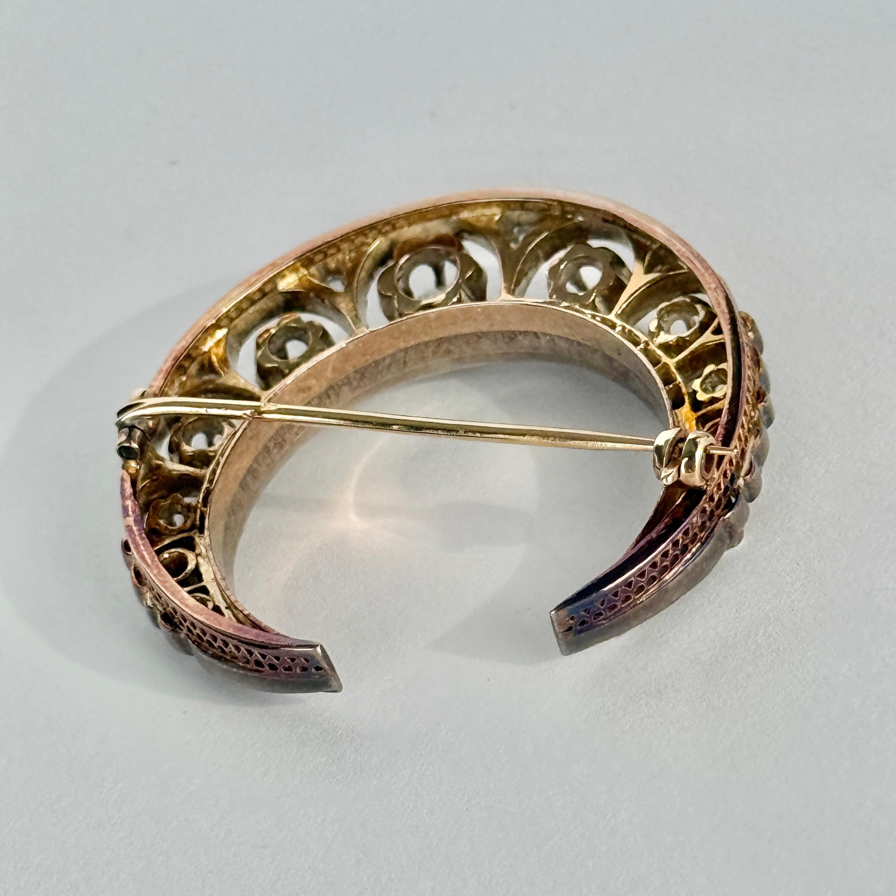 Rose Cut Art Deco Diamond 18 Carat Gold Crescent Brooch For Sale