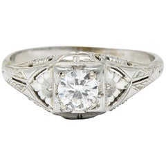 Art Deco Diamond 18 Karat Gold Floral Engagement Ring