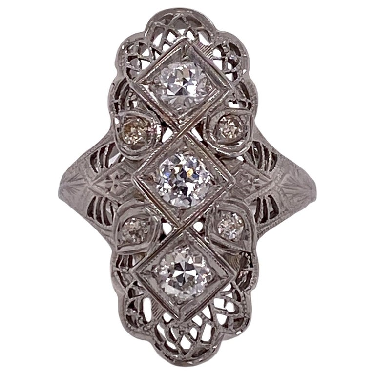 Art Deco Diamond 18 Karat White Gold Cocktail Ring Old European ...