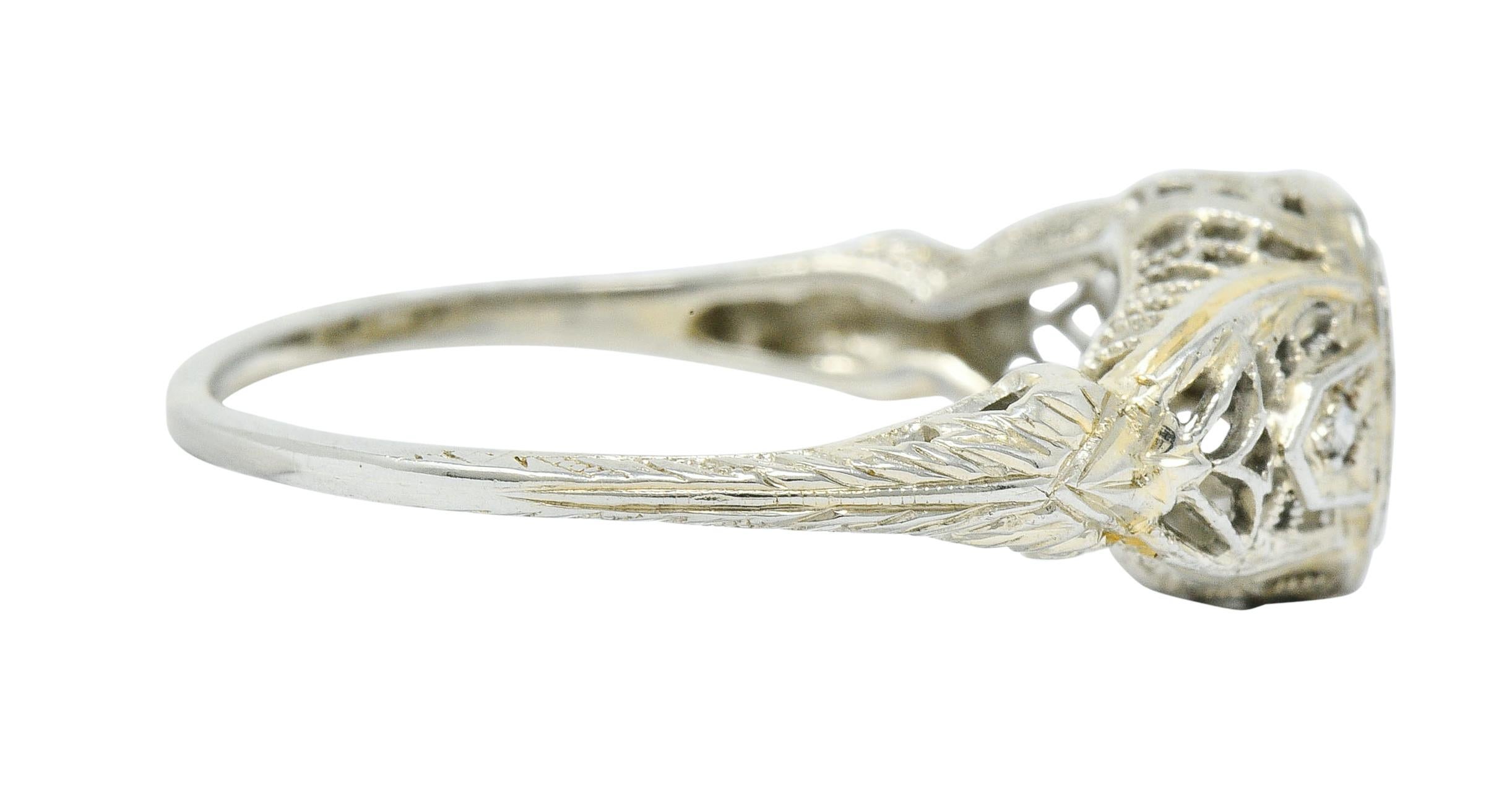 Old European Cut Art Deco Diamond 18 Karat White Gold Cushion Engagement Ring