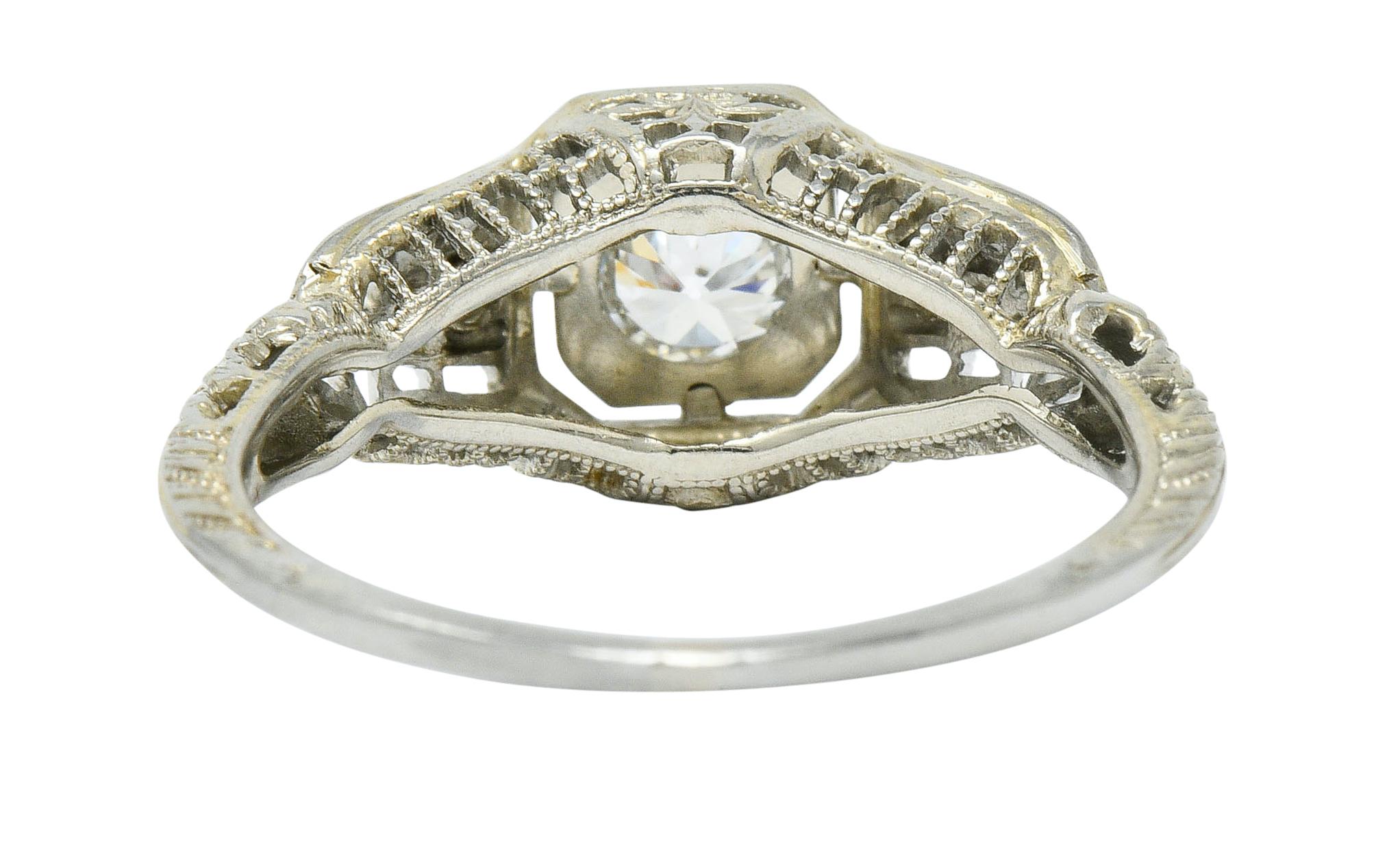 Art Deco Diamond 18 Karat White Gold Cushion Engagement Ring In Excellent Condition In Philadelphia, PA