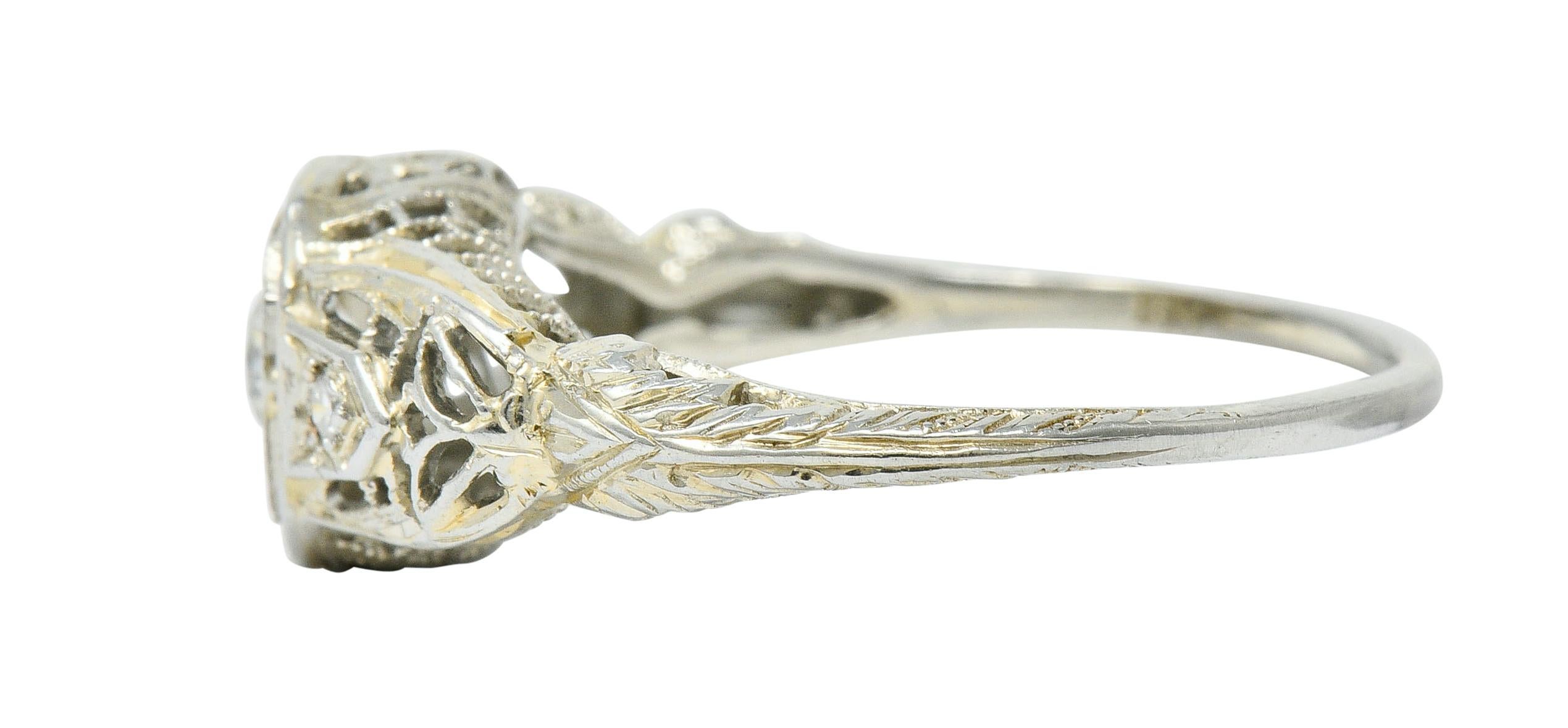 Women's or Men's Art Deco Diamond 18 Karat White Gold Cushion Engagement Ring