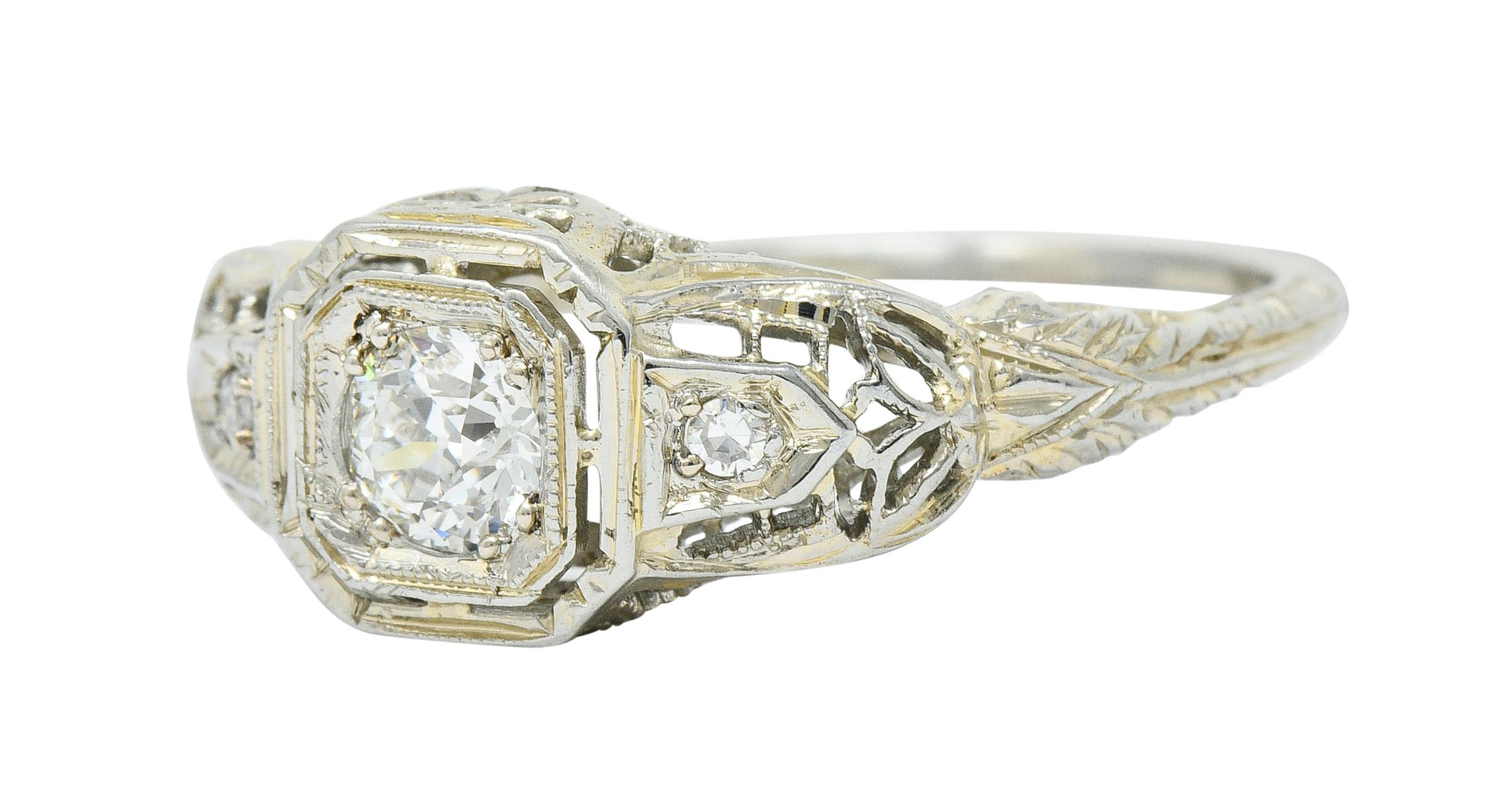 Art Deco Diamond 18 Karat White Gold Cushion Engagement Ring 1