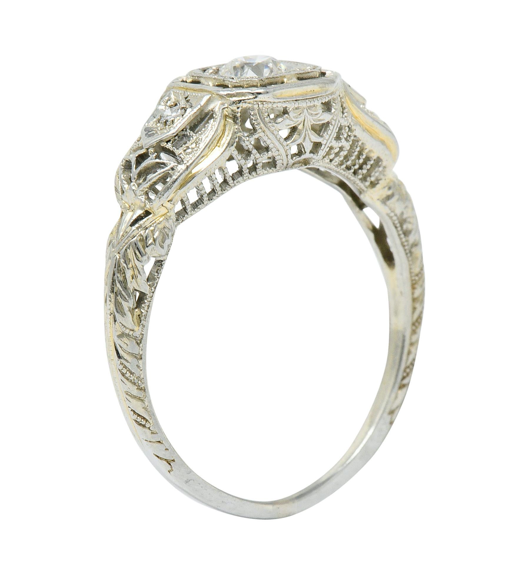 Art Deco Diamond 18 Karat White Gold Cushion Engagement Ring 3