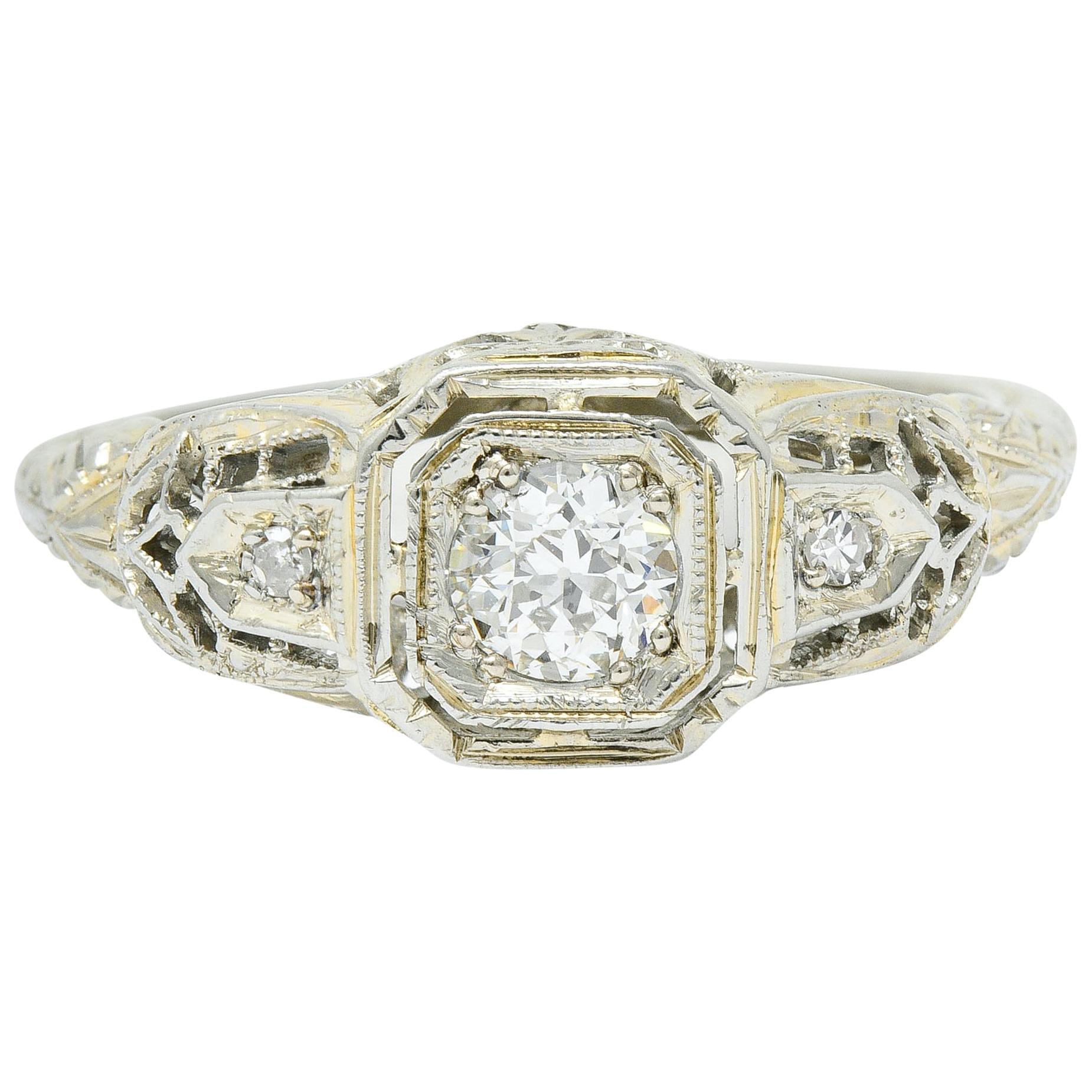 Art Deco Diamond 18 Karat White Gold Cushion Engagement Ring