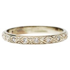 Art Deco Diamond 18 Karat White Gold Engraved Band Ring