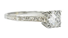 Art Deco Diamond 18 Karat White Gold Engraved Engagement Ring