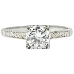Art Deco Diamond 18 Karat White Gold Engraved Engagement Ring