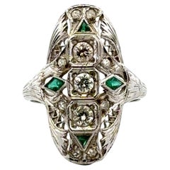 Art Deco Diamond 18 Karat White Gold Filigree Emerald Accent Cocktail Ring