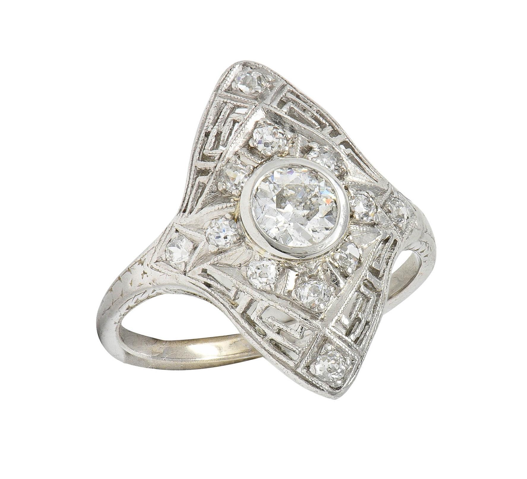 Art Deco Diamond 18 Karat White Gold Greek Key Vintage Navette Dinner Ring For Sale 5