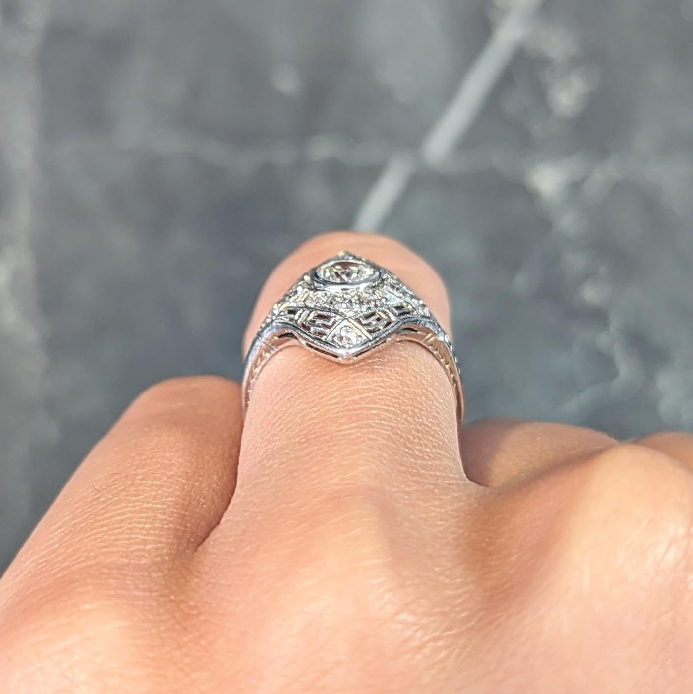Art Deco Diamant 18 Karat Weißgold Griechischer Schlüssel Vintage Navette Dinner-Ring, Vintage 5