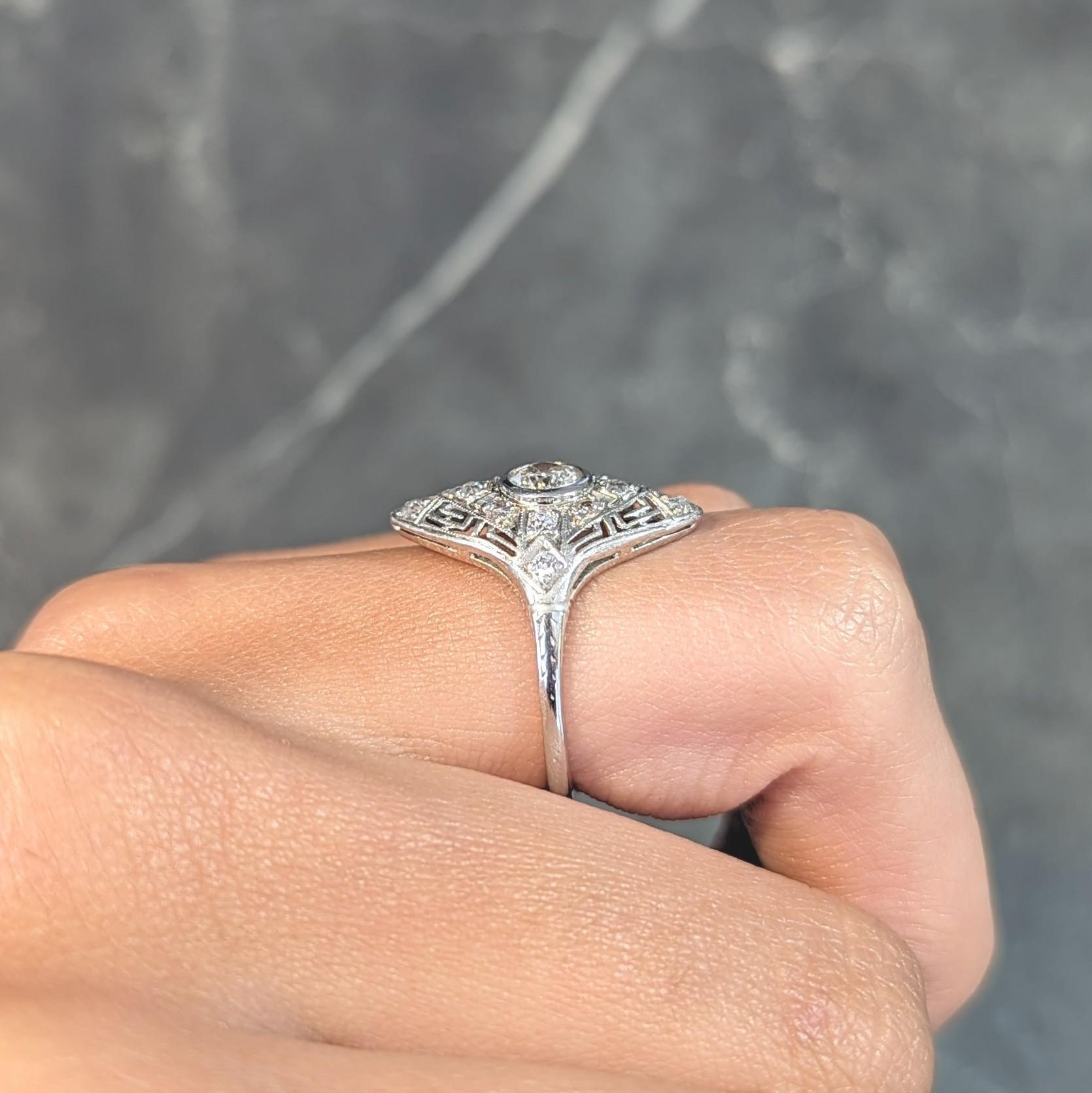 Art Deco Diamant 18 Karat Weißgold Griechischer Schlüssel Vintage Navette Dinner-Ring, Vintage 6