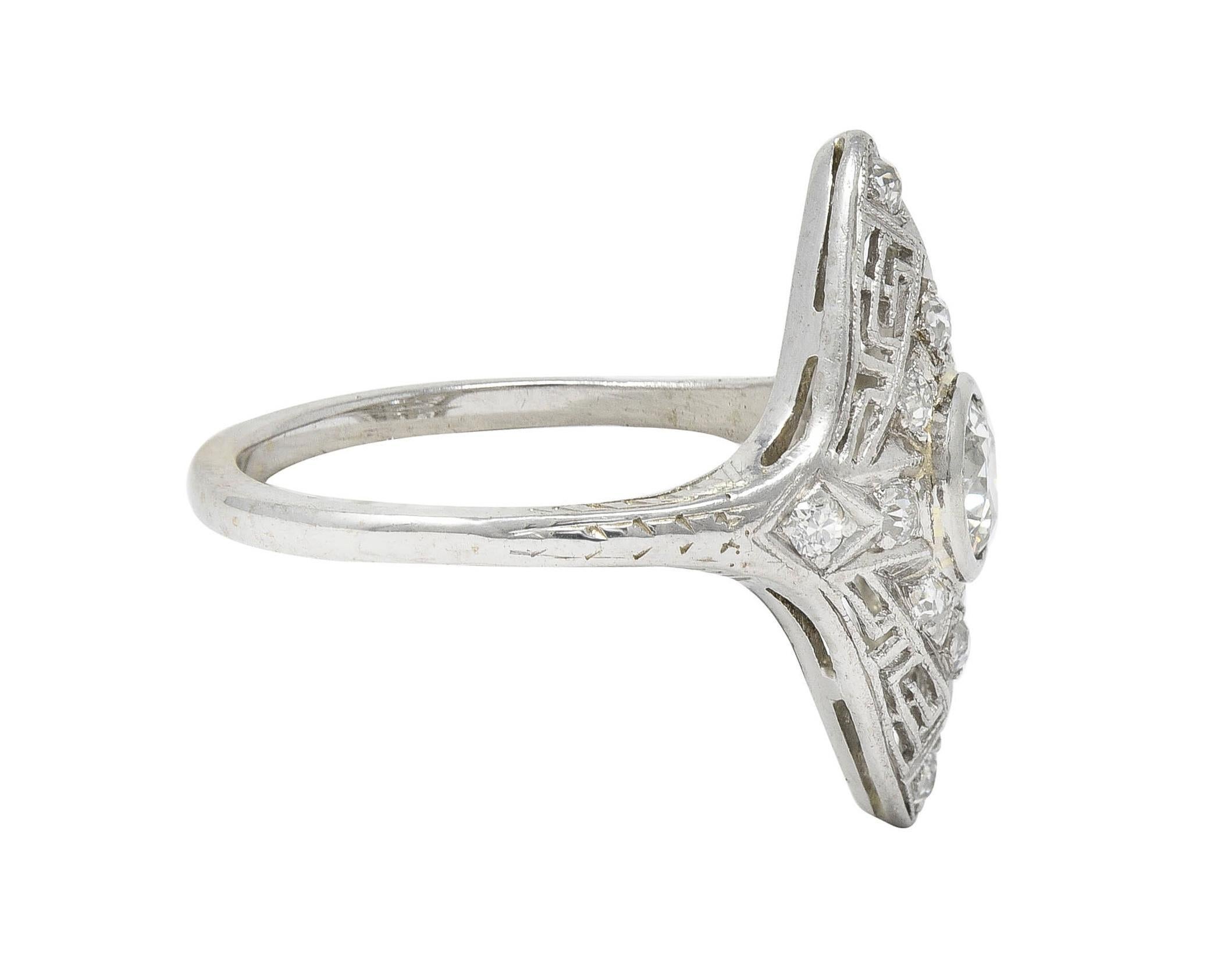 Art Deco Diamond 18 Karat White Gold Greek Key Vintage Navette Dinner Ring In Excellent Condition For Sale In Philadelphia, PA