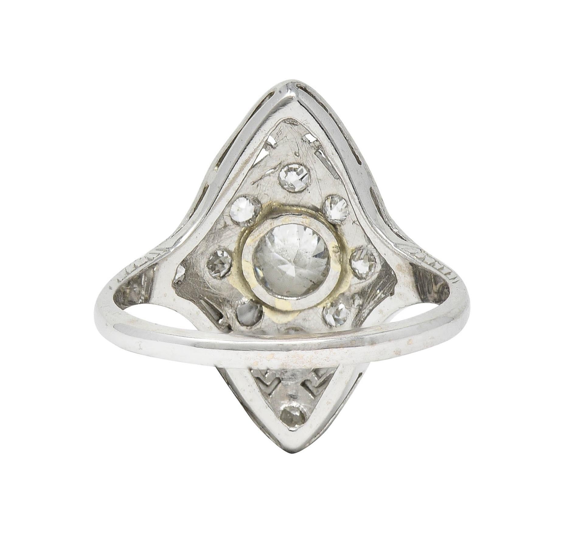 Women's or Men's Art Deco Diamond 18 Karat White Gold Greek Key Vintage Navette Dinner Ring For Sale
