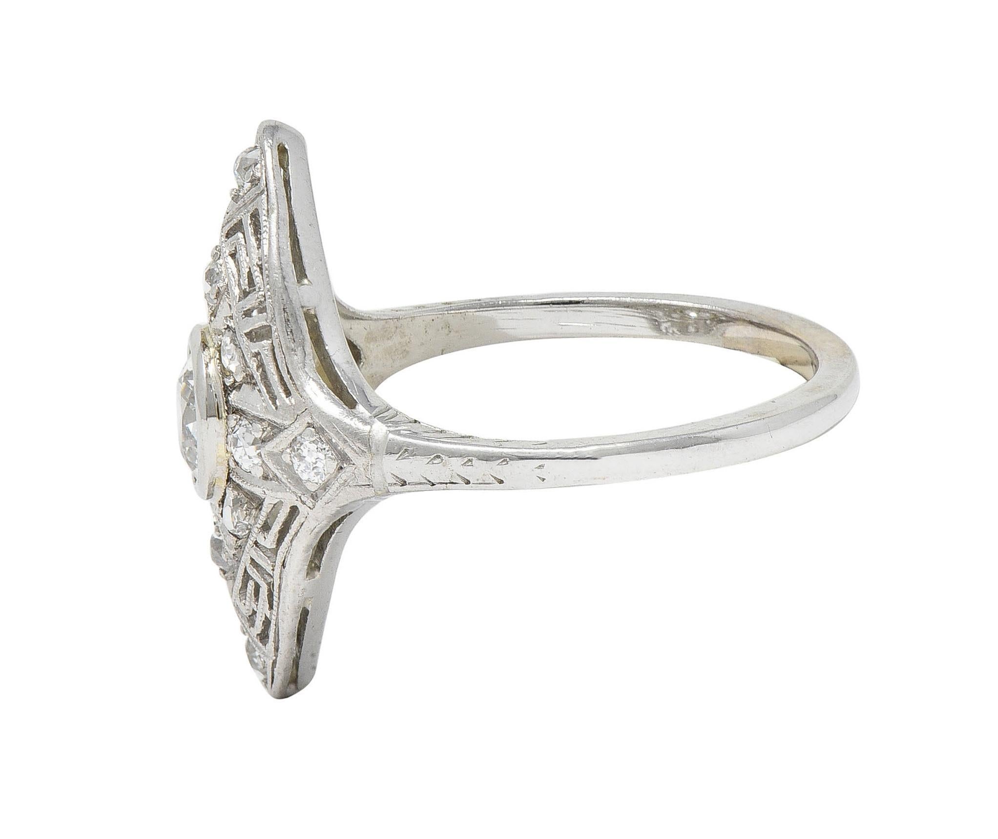 Art Deco Diamond 18 Karat White Gold Greek Key Vintage Navette Dinner Ring For Sale 1