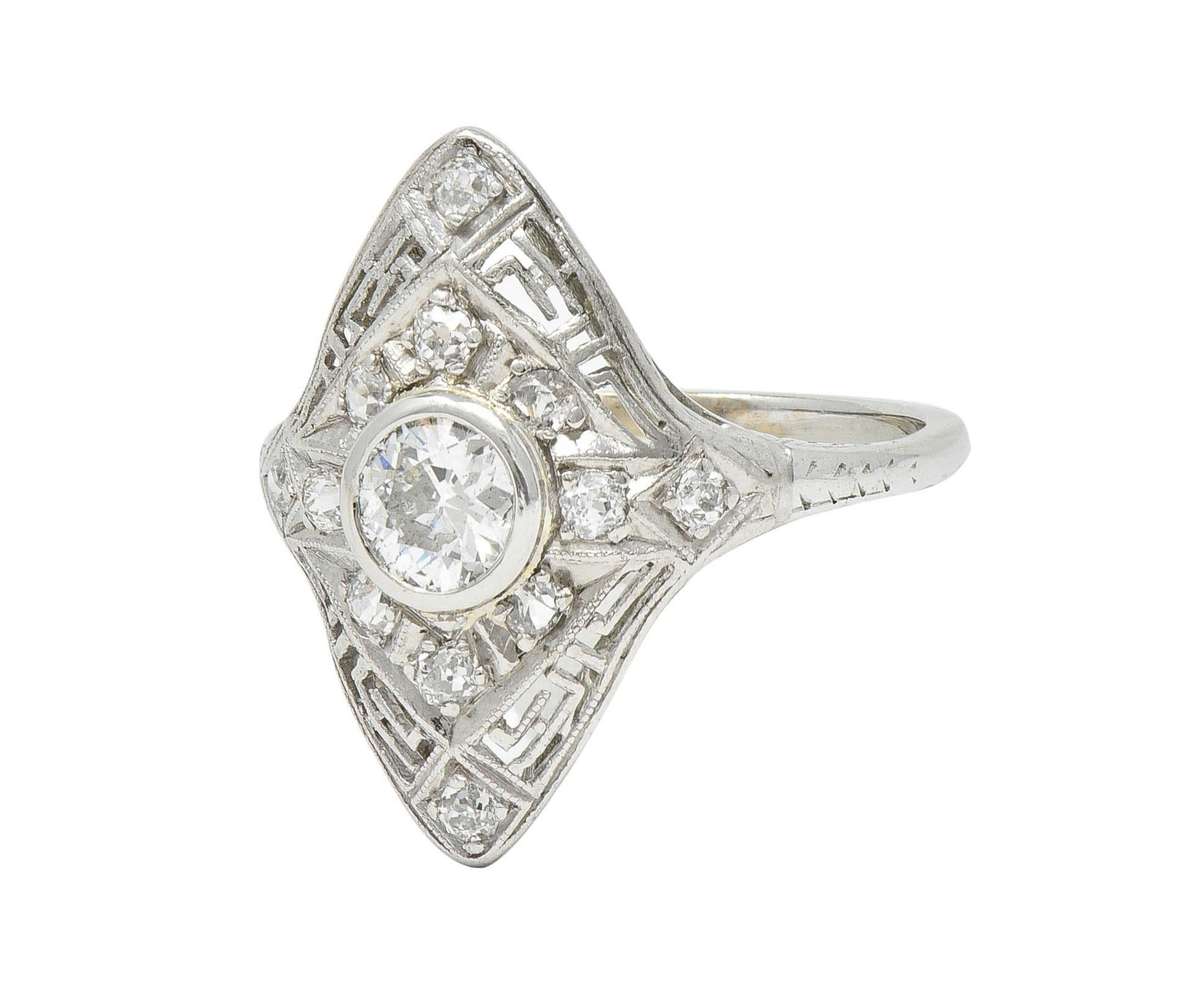 Art Deco Diamond 18 Karat White Gold Greek Key Vintage Navette Dinner Ring For Sale 2