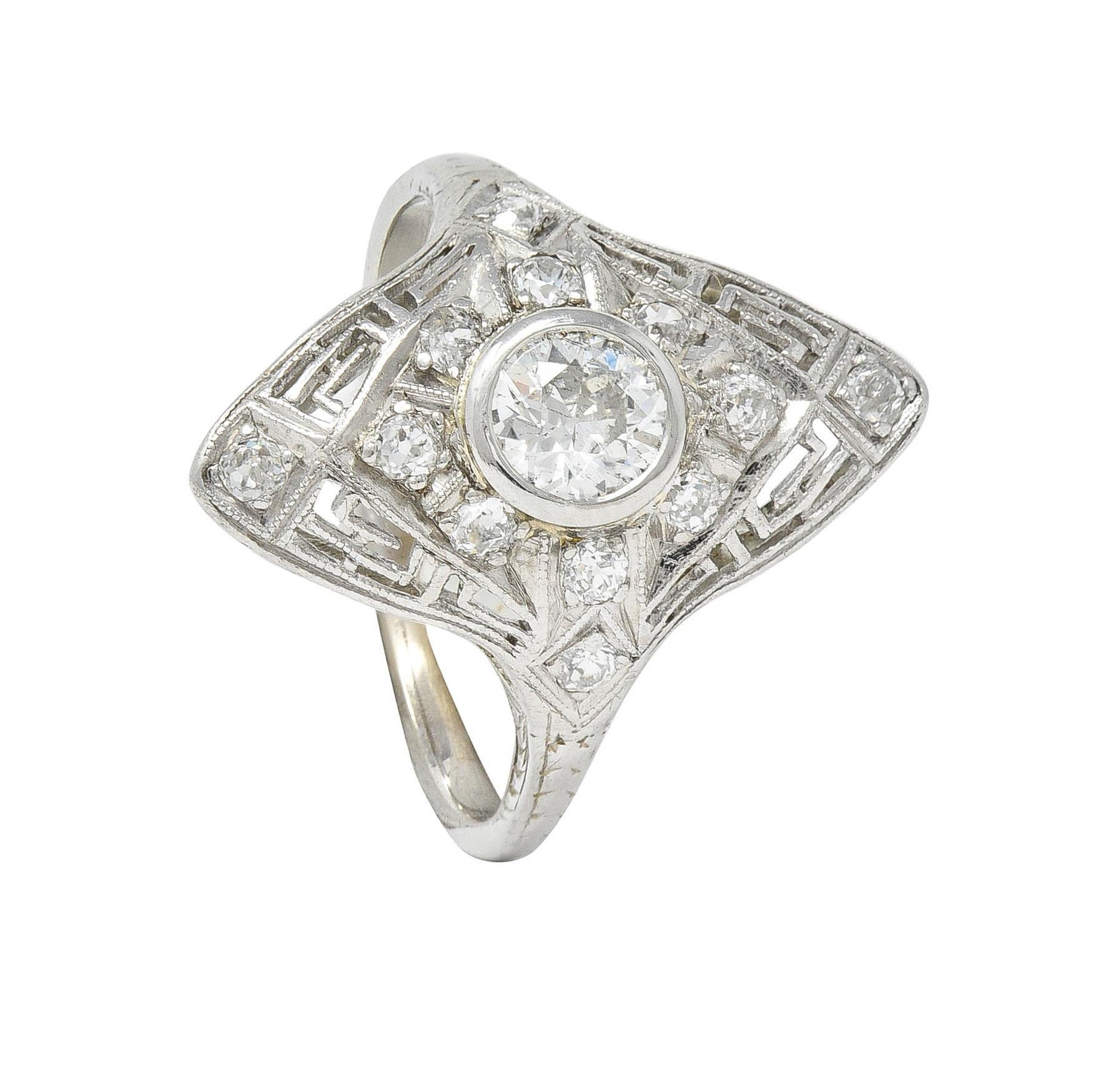 Art Deco Diamond 18 Karat White Gold Greek Key Vintage Navette Dinner Ring For Sale 3