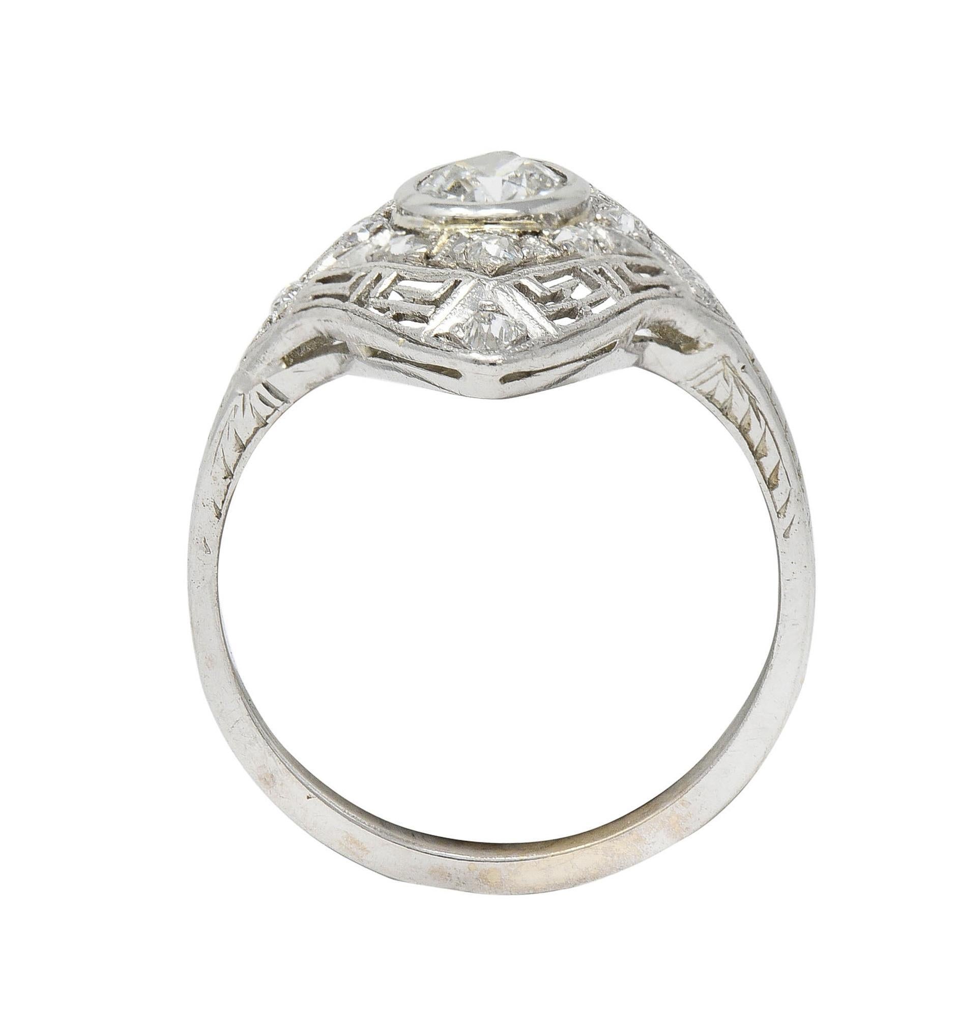 Art Deco Diamond 18 Karat White Gold Greek Key Vintage Navette Dinner Ring For Sale 4