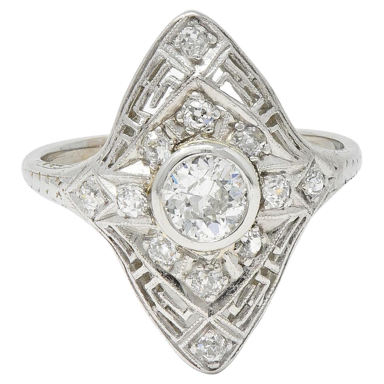 Art Deco Diamond 18 Karat White Gold Greek Key Vintage Navette Dinner Ring For Sale
