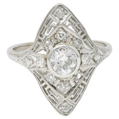 Art Deco Diamant 18 Karat Weißgold Griechischer Schlüssel Vintage Navette Dinner-Ring, Vintage