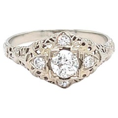 Vintage Art Deco 0.40 Carat Diamond 18 Karat White Gold Orange Blossom Filigree Ring