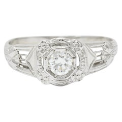 Art Deco Diamond 18 Karat White Gold Orange Blossom Halo Engagement Ring