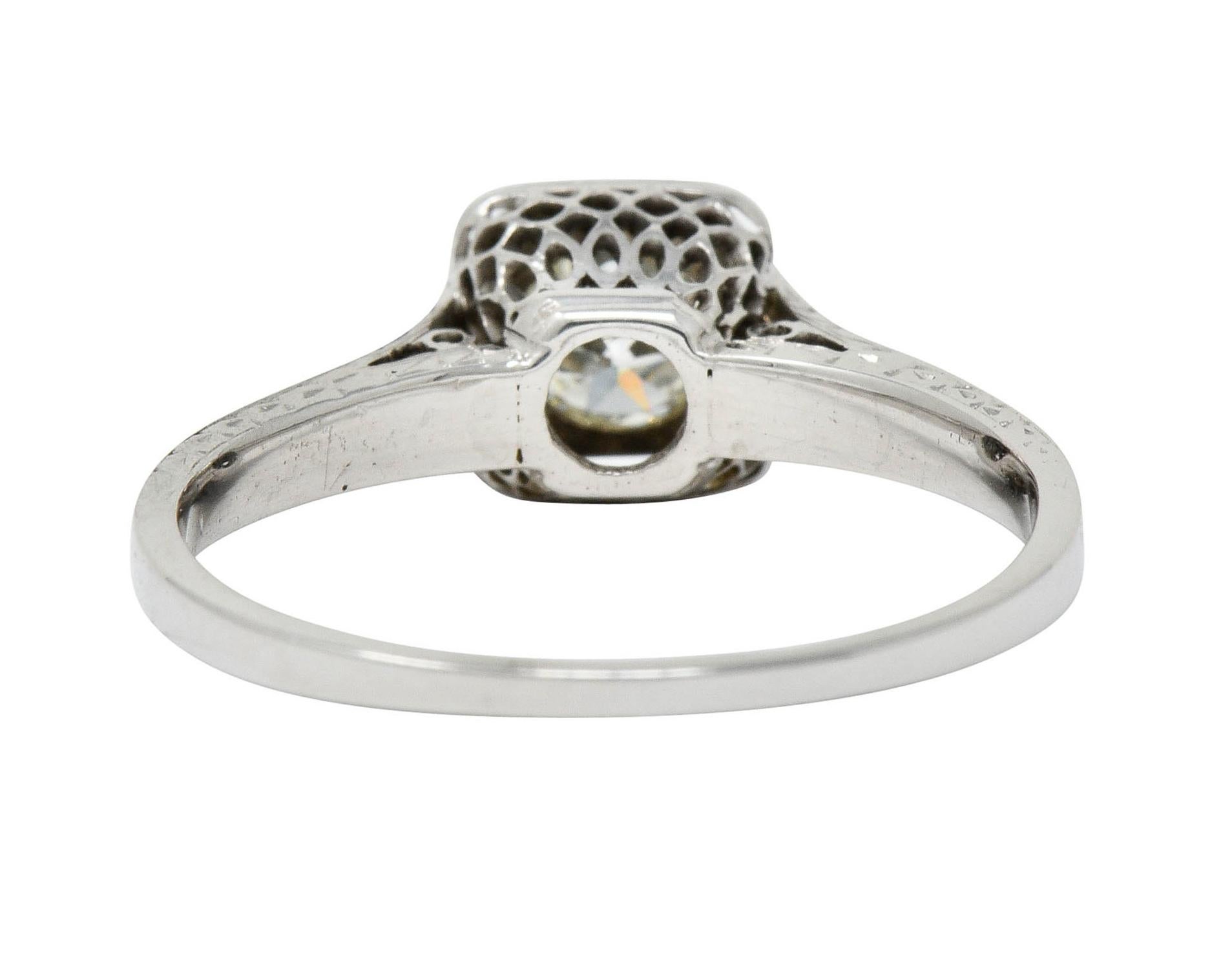 Round Cut Art Deco Diamond 18 Karat White Gold Trellis Engagement Ring