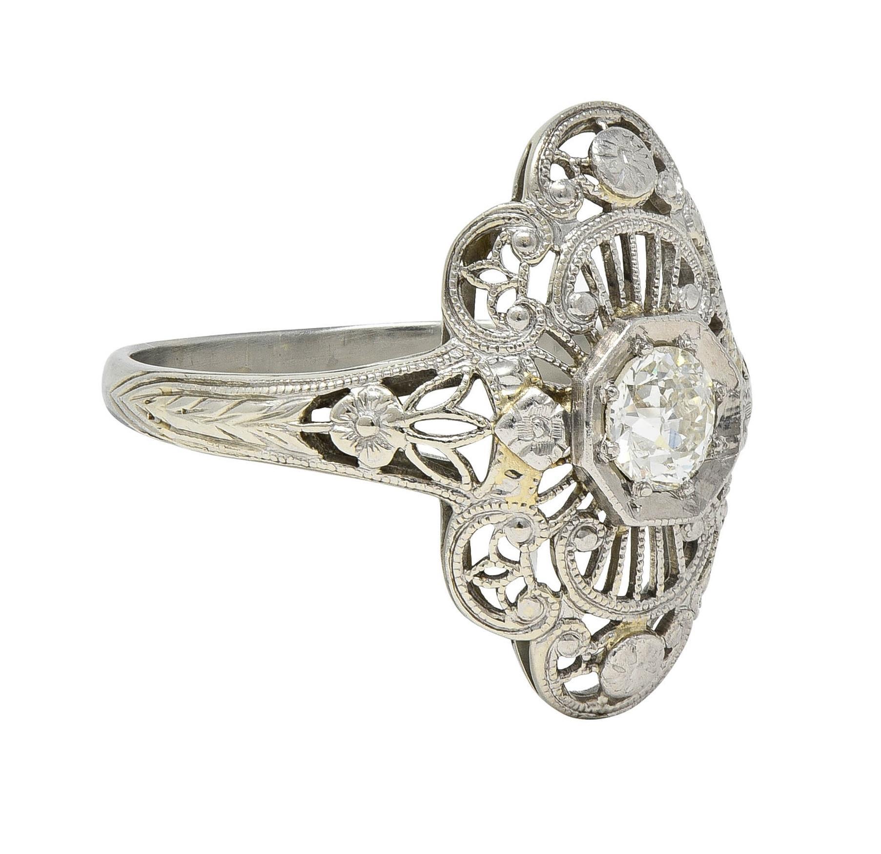 Art Deco Diamant 18 Karat Weißgold Vintage Orange Blossom Dinner-Ring, Art déco (Alteuropäischer Schliff) im Angebot