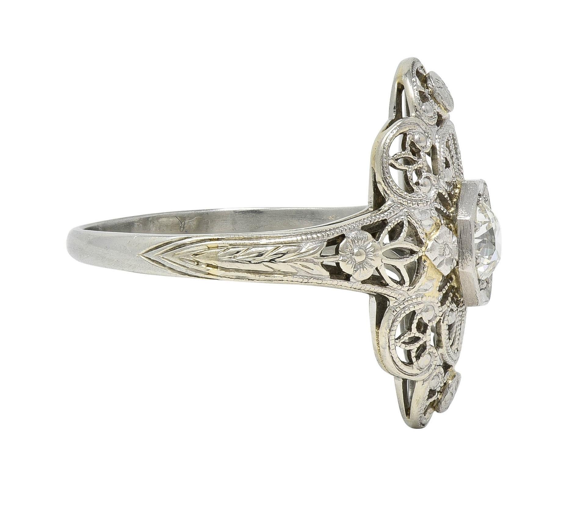 Art Deco Diamant 18 Karat Weißgold Vintage Orange Blossom Dinner-Ring, Art déco im Zustand „Hervorragend“ im Angebot in Philadelphia, PA