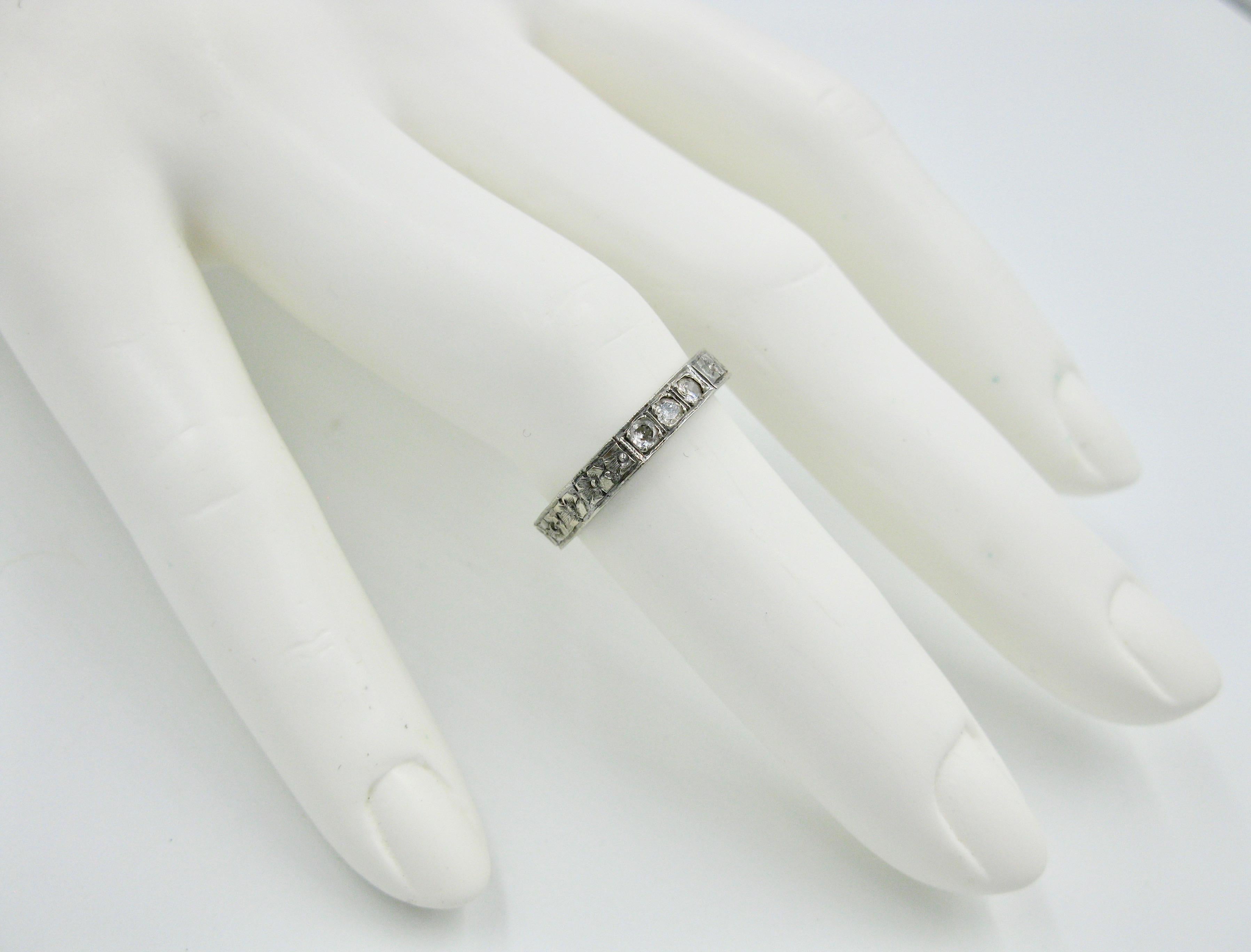 Old Mine Cut Art Deco Diamond 18 Karat White Gold Wedding Engagement Band Stack Ring Size 5.2 For Sale