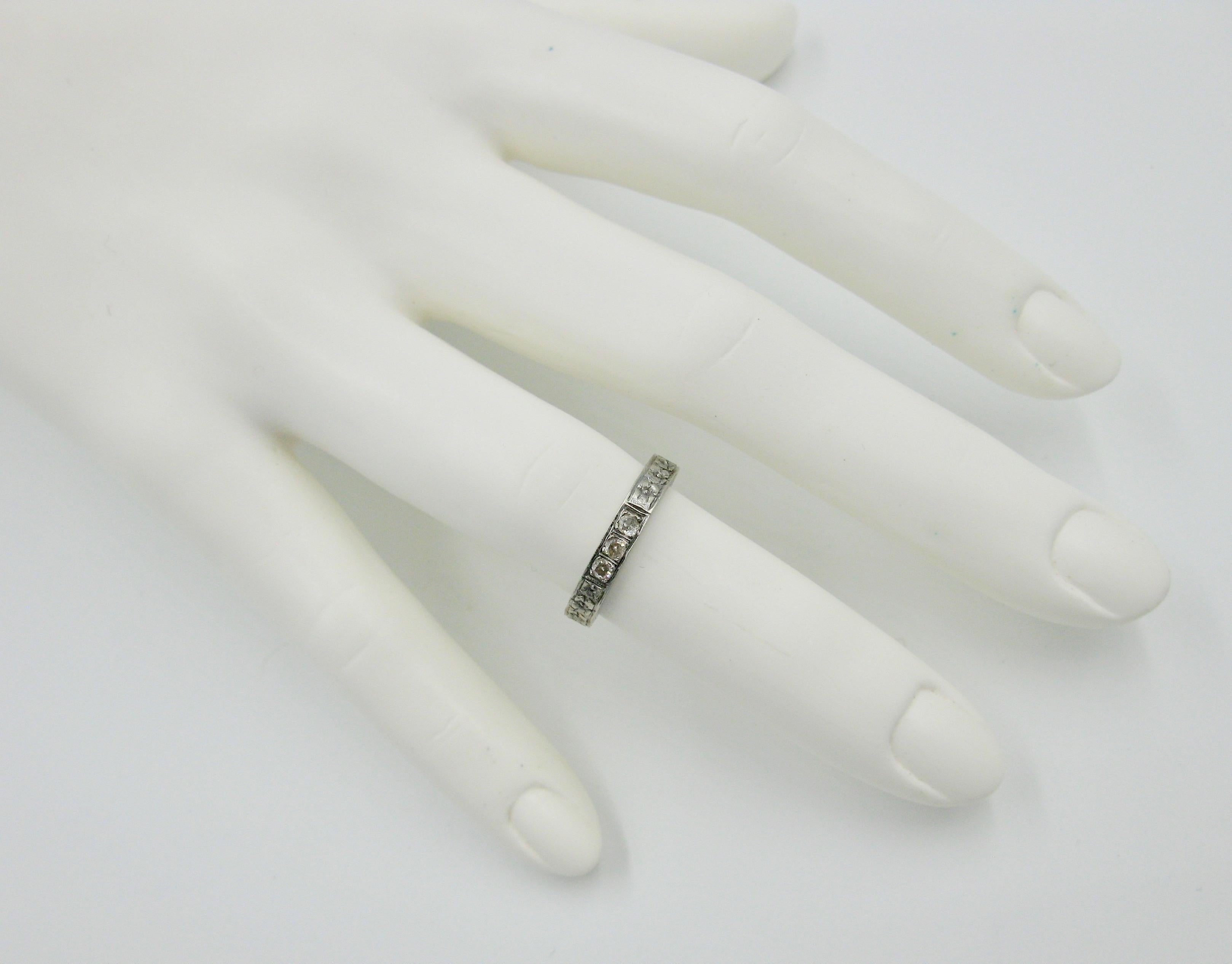 Art Deco Diamond 18 Karat White Gold Wedding Engagement Band Stack Ring Size 5.2 For Sale 1