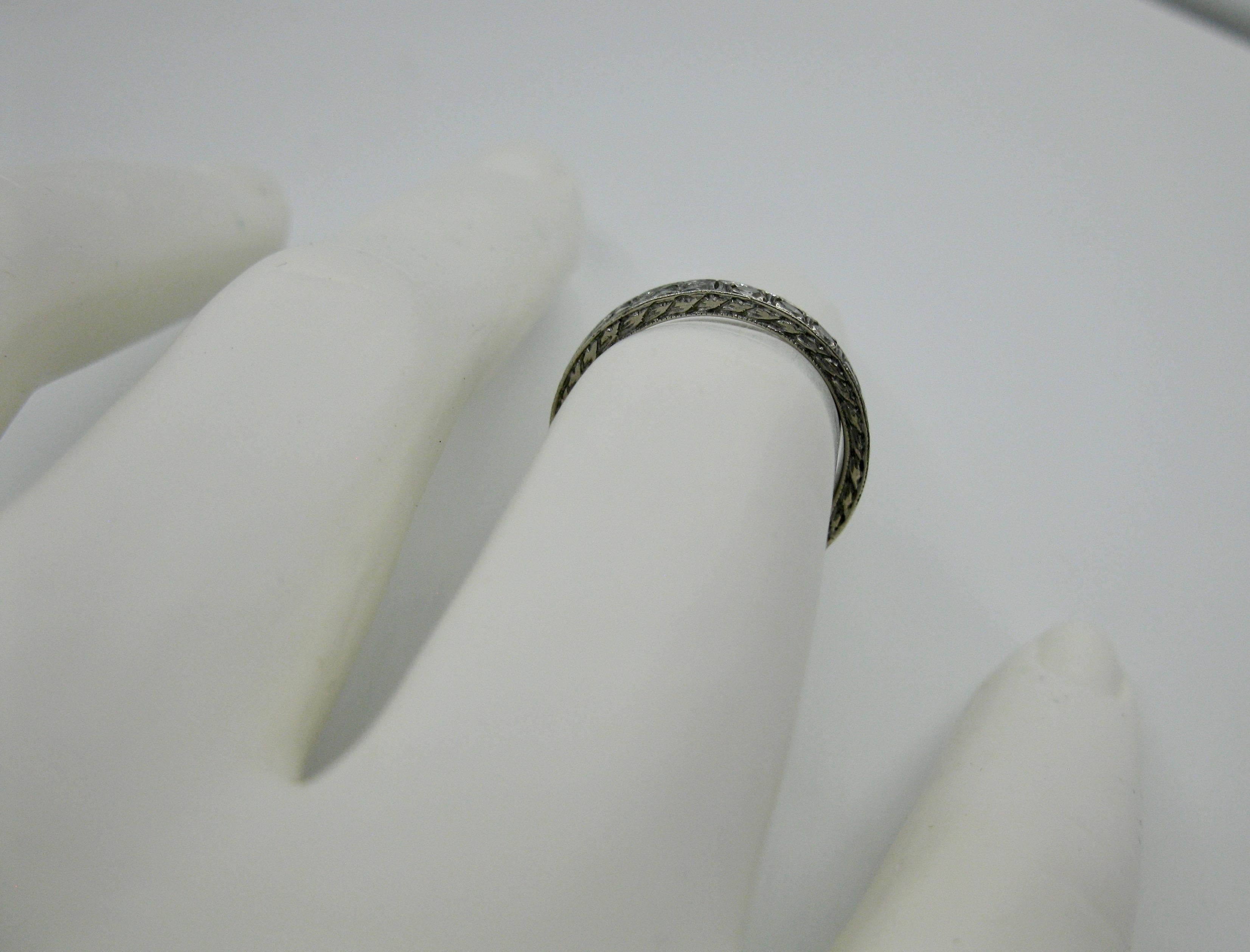 Art Deco Diamond 18 Karat White Gold Wedding Engagement Band Stack Ring Size 5.2 For Sale 3