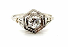 Art Deco Diamond 18K Solitaire Engagement Ring .50ct Filigree Flowers 1930's