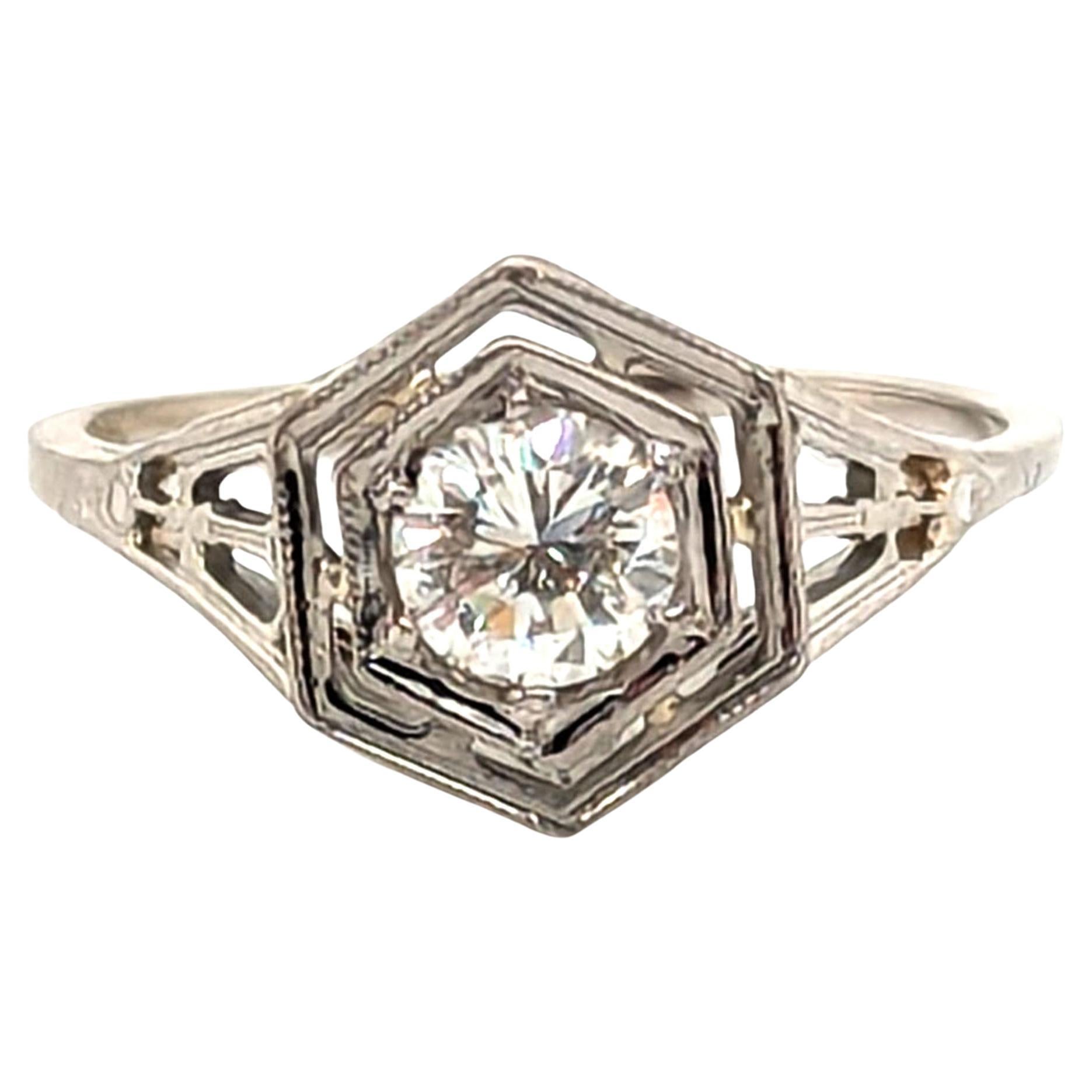 Art Deco Diamond 18K Solitaire Engagement Ring .50ct Filigree Flowers Original 1 en vente