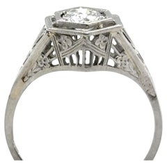 Art Deco Diamond 18K Solitaire Engagement Ring .50ct Filigree Flowers 1930
s