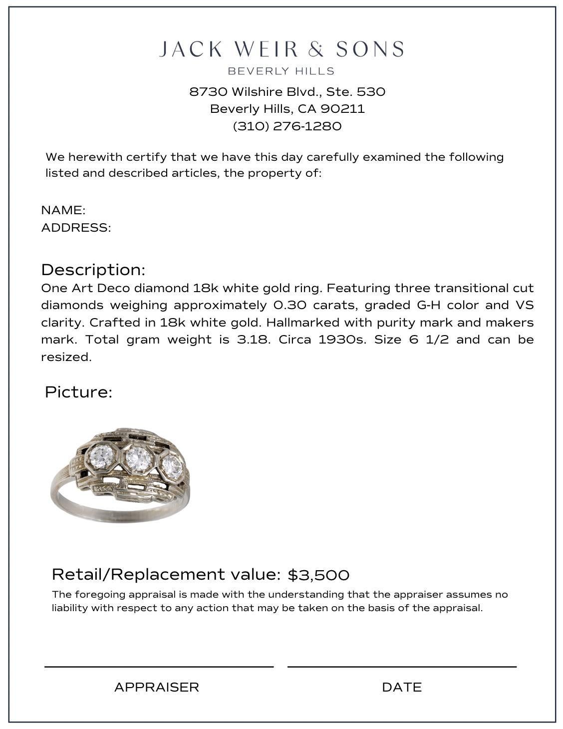 Art Deco diamond 18k white gold 3 stone ring (Art déco) im Angebot