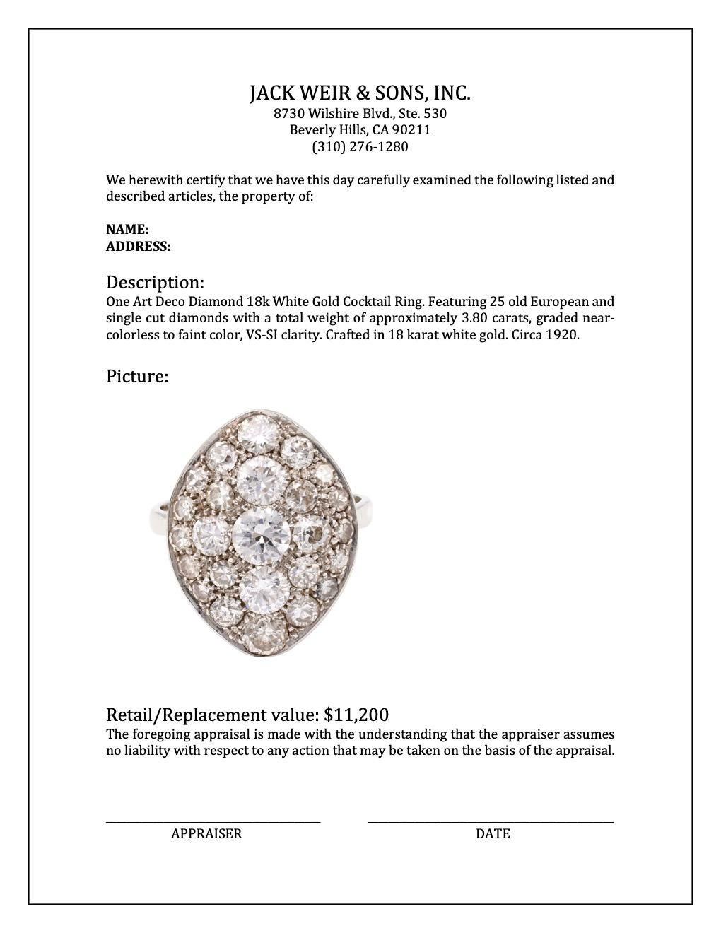 Art Deco Diamond 18k White Gold Cocktail Ring For Sale 2