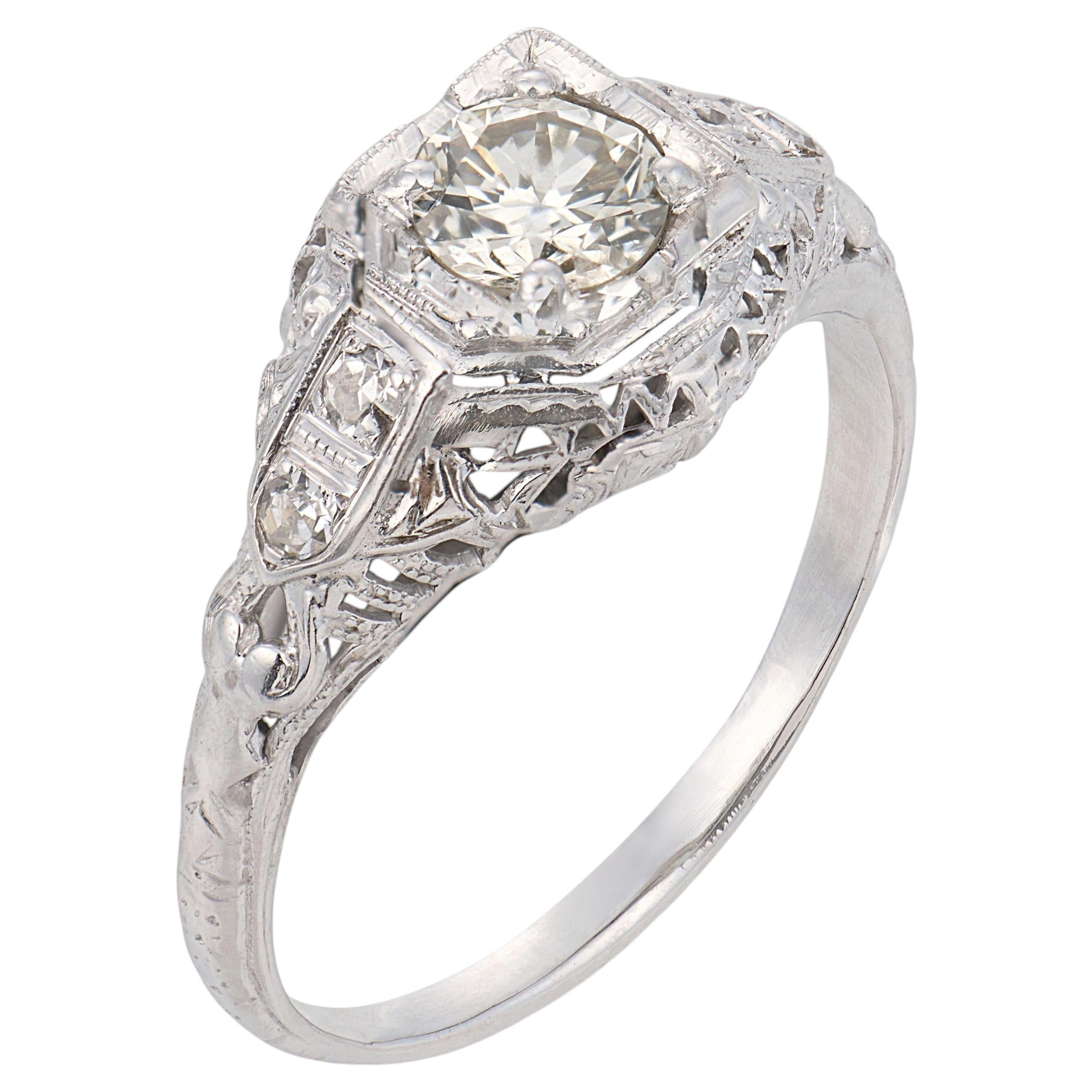Art Deco diamond 18k white gold engagement filigree ring