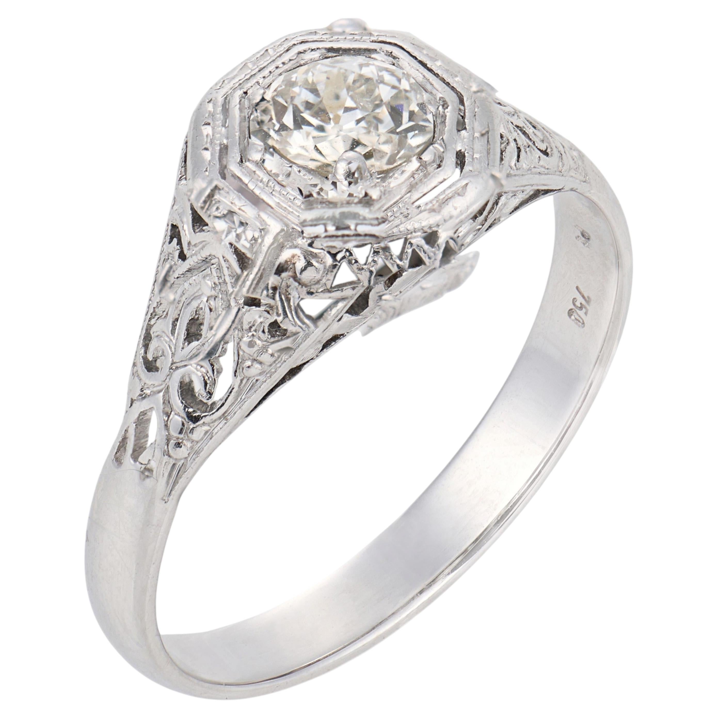 Bague de fiançailles Art déco en or blanc 18k avec diamant