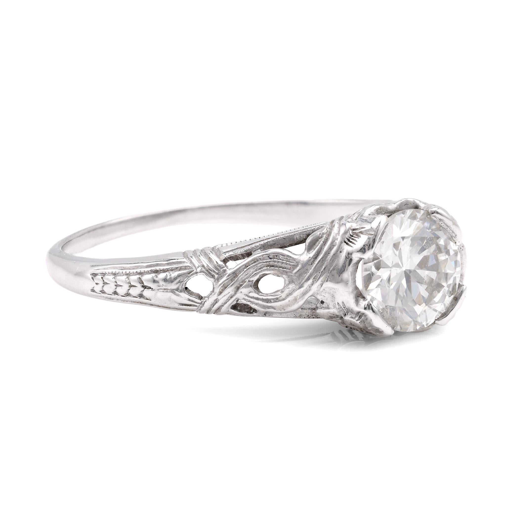 Old European Cut Art Deco Diamond 18K White Gold Filigree Engagement Ring