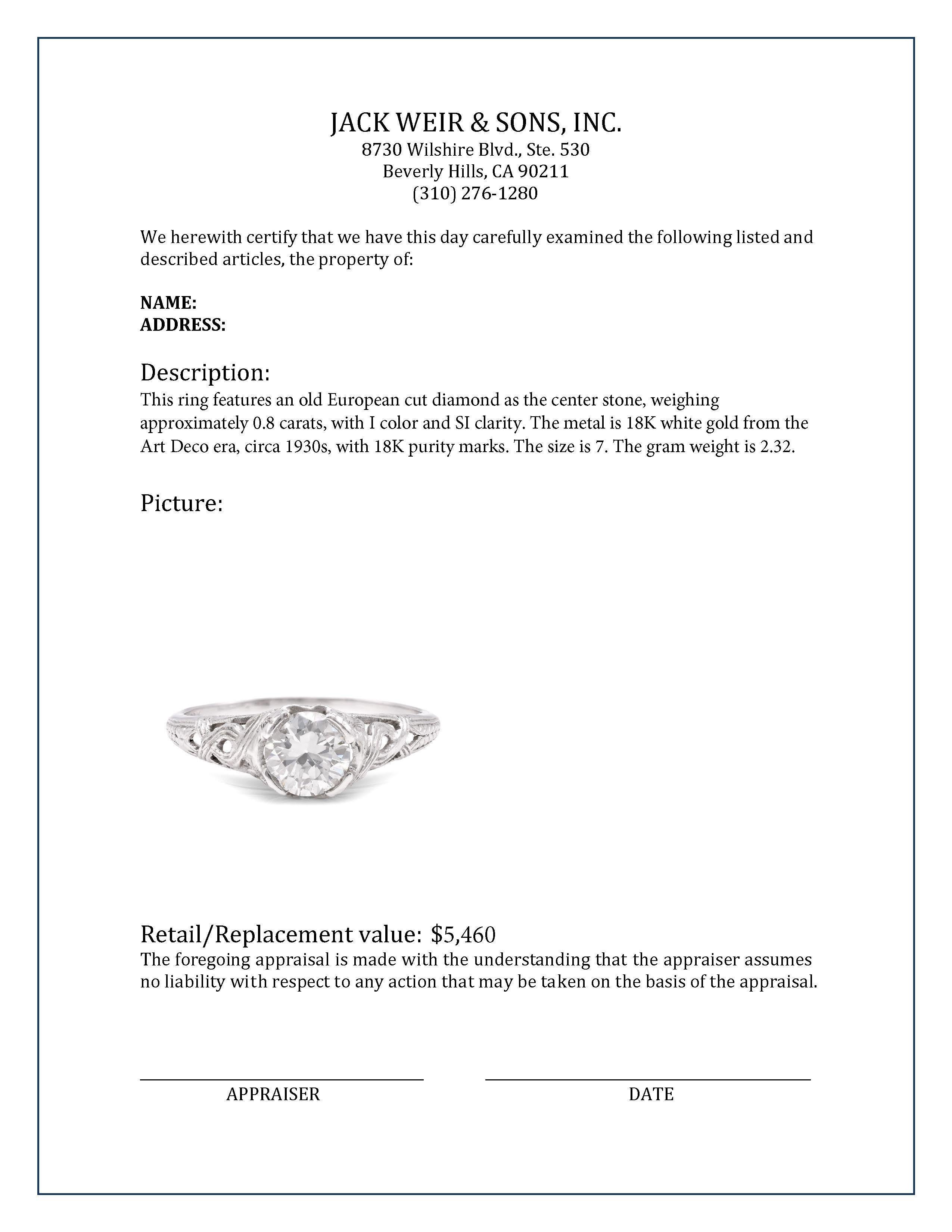 Art Deco Diamond 18K White Gold Filigree Engagement Ring In Excellent Condition In Beverly Hills, CA
