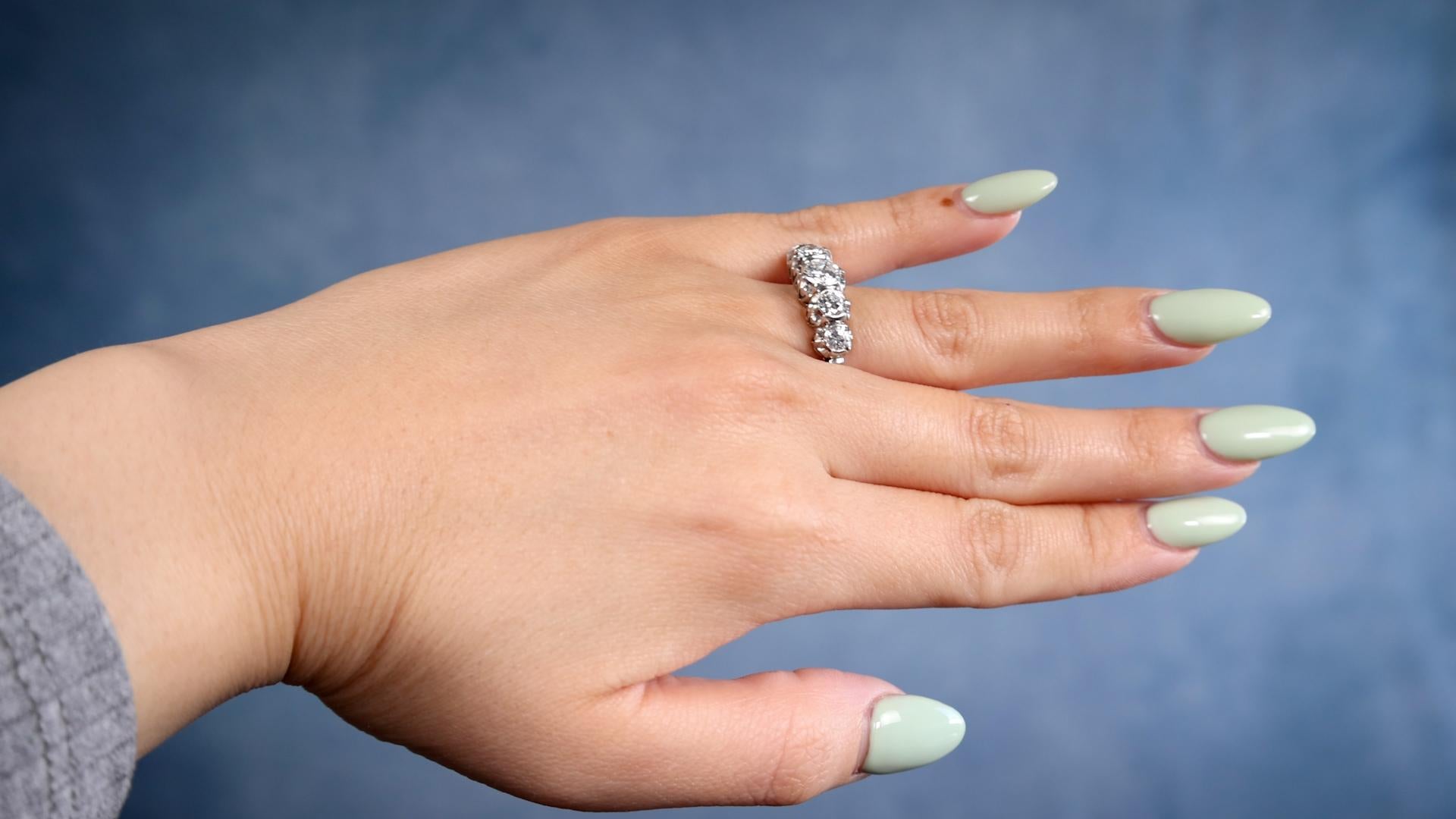 Brilliant Cut Art Deco Diamond 18k White Gold Five Stone Ring For Sale