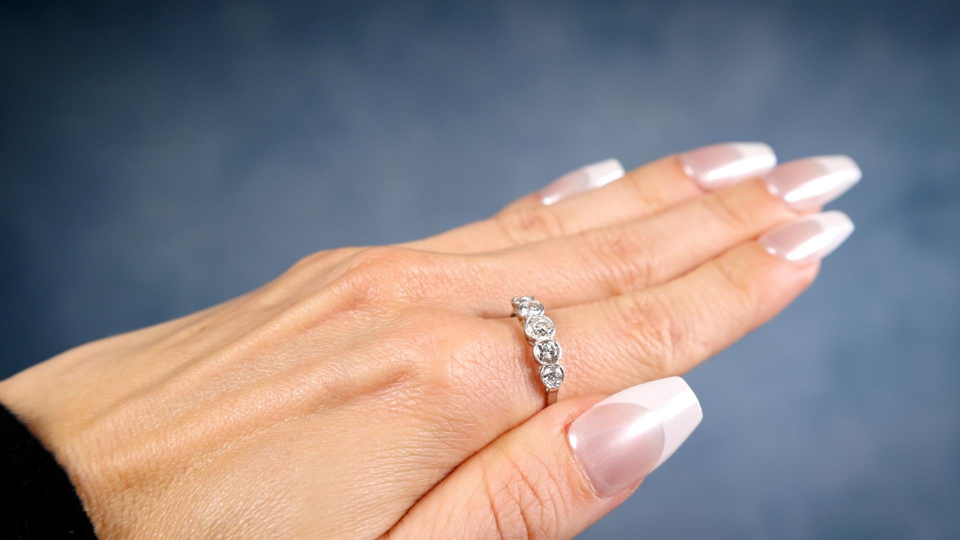 Old European Cut Art Deco Diamond 18k White Gold Five Stone Ring For Sale