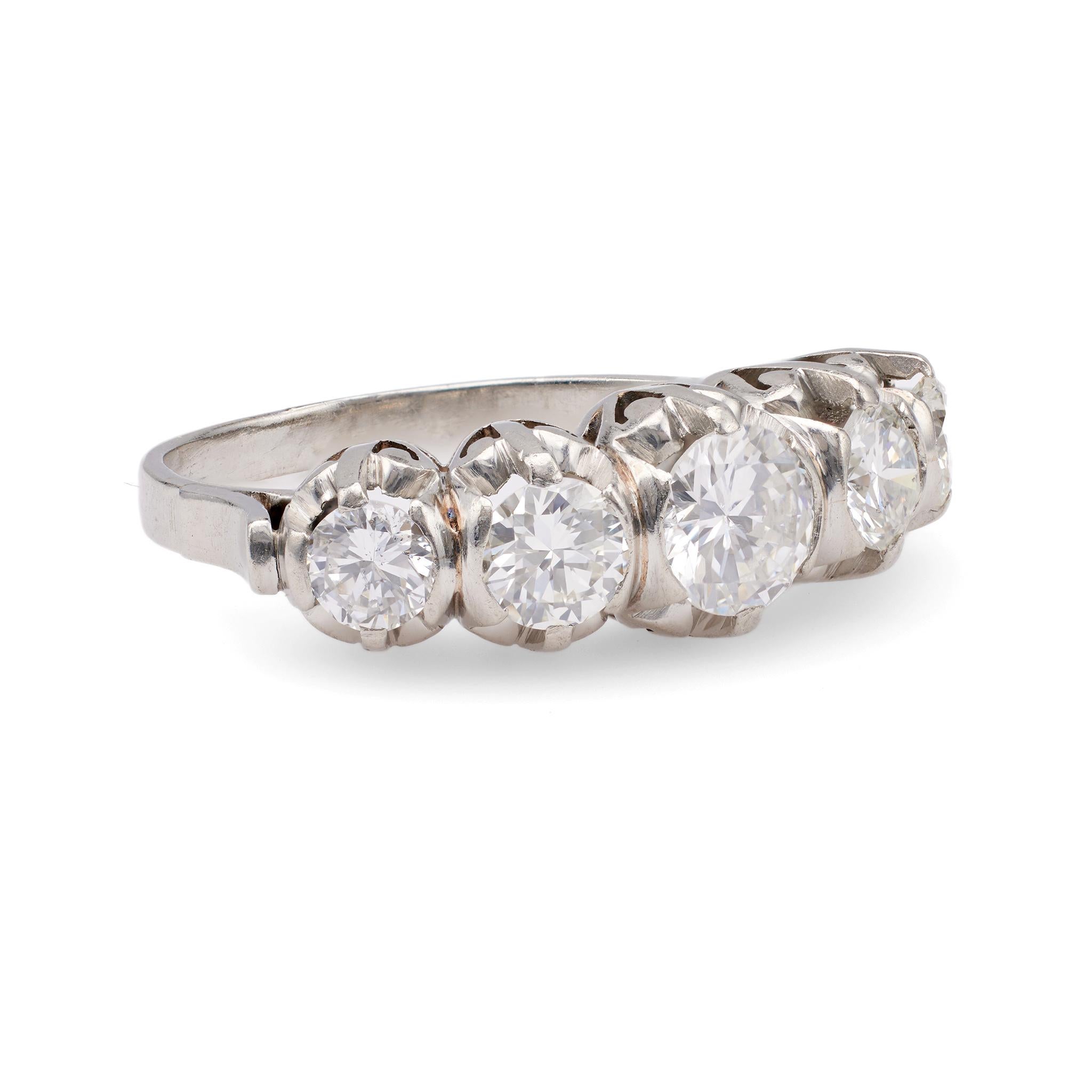 Art Deco Diamond 18k White Gold Five Stone Ring In Good Condition For Sale In Beverly Hills, CA