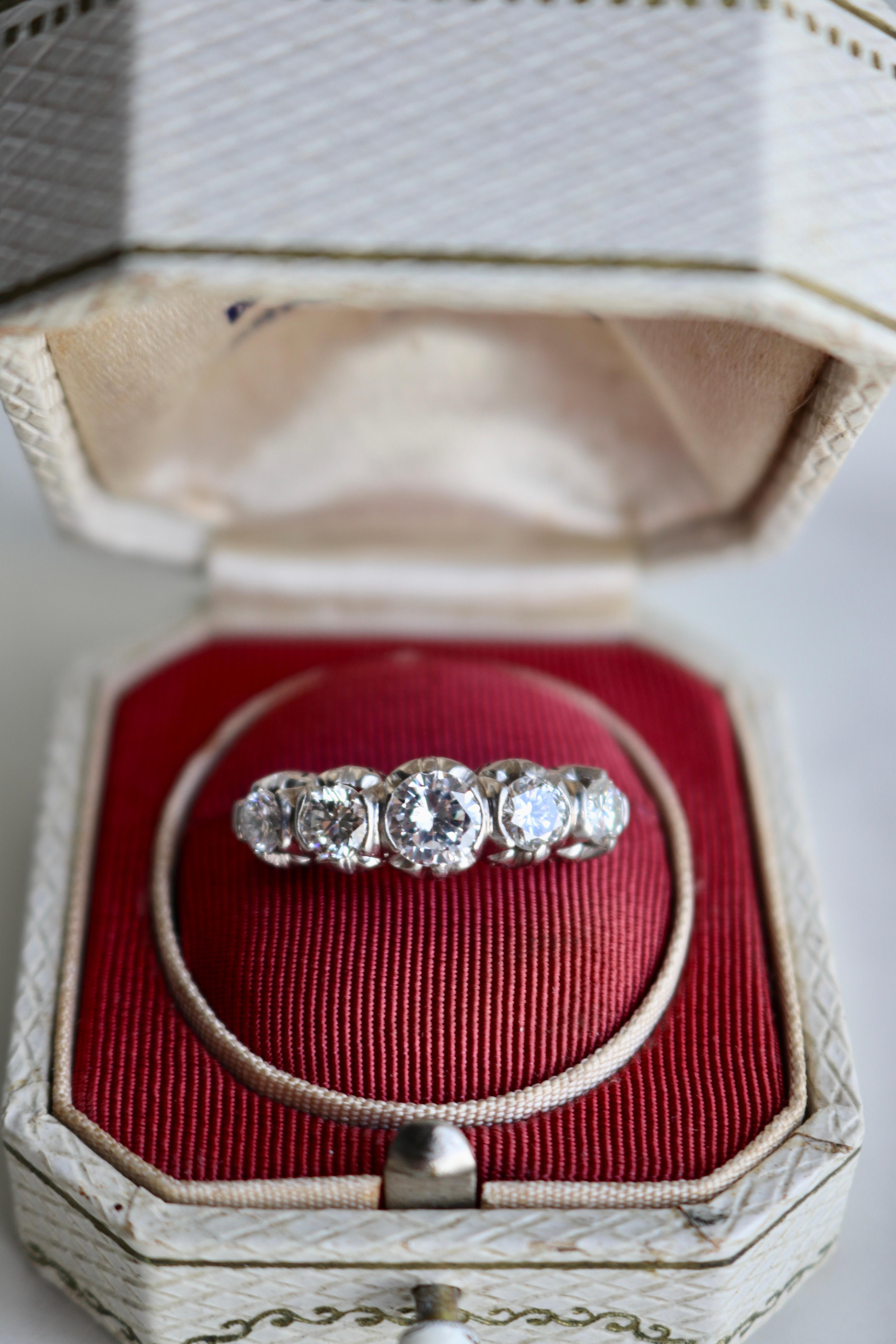 Women's or Men's Art Deco Diamond 18k White Gold Five Stone Ring For Sale