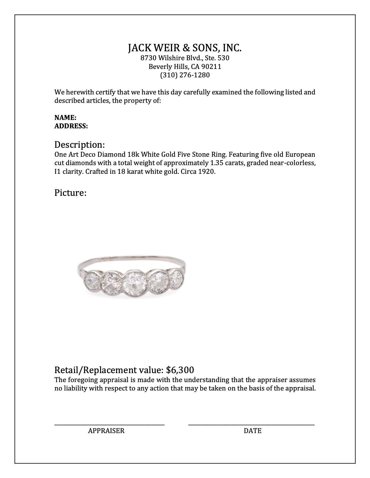 Women's or Men's Art Deco Diamond 18k White Gold Five Stone Ring For Sale