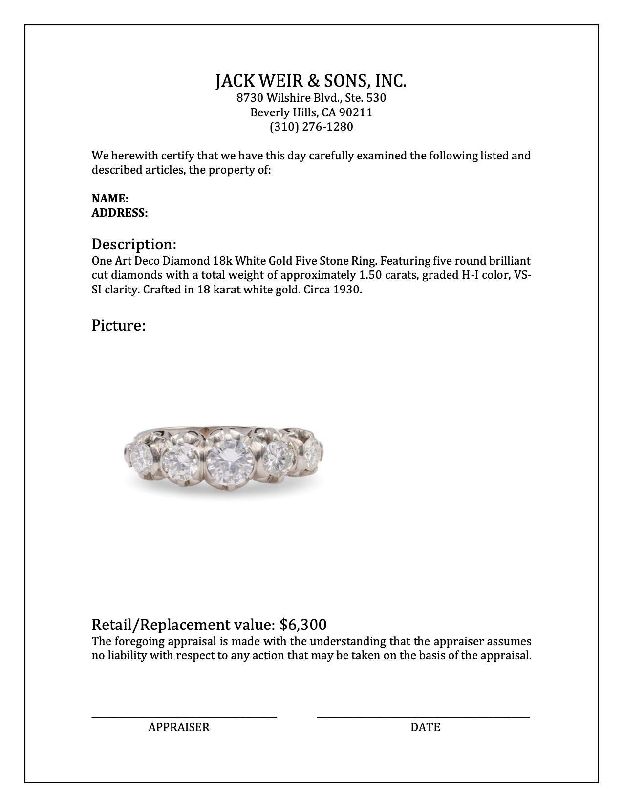 Art Deco Diamond 18k White Gold Five Stone Ring For Sale 1