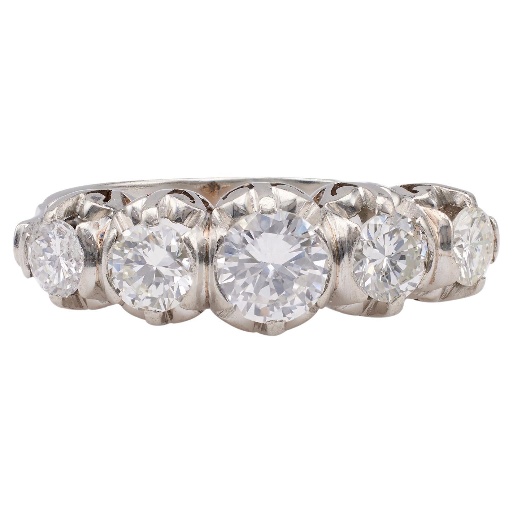Art Deco Diamond 18k White Gold Five Stone Ring For Sale