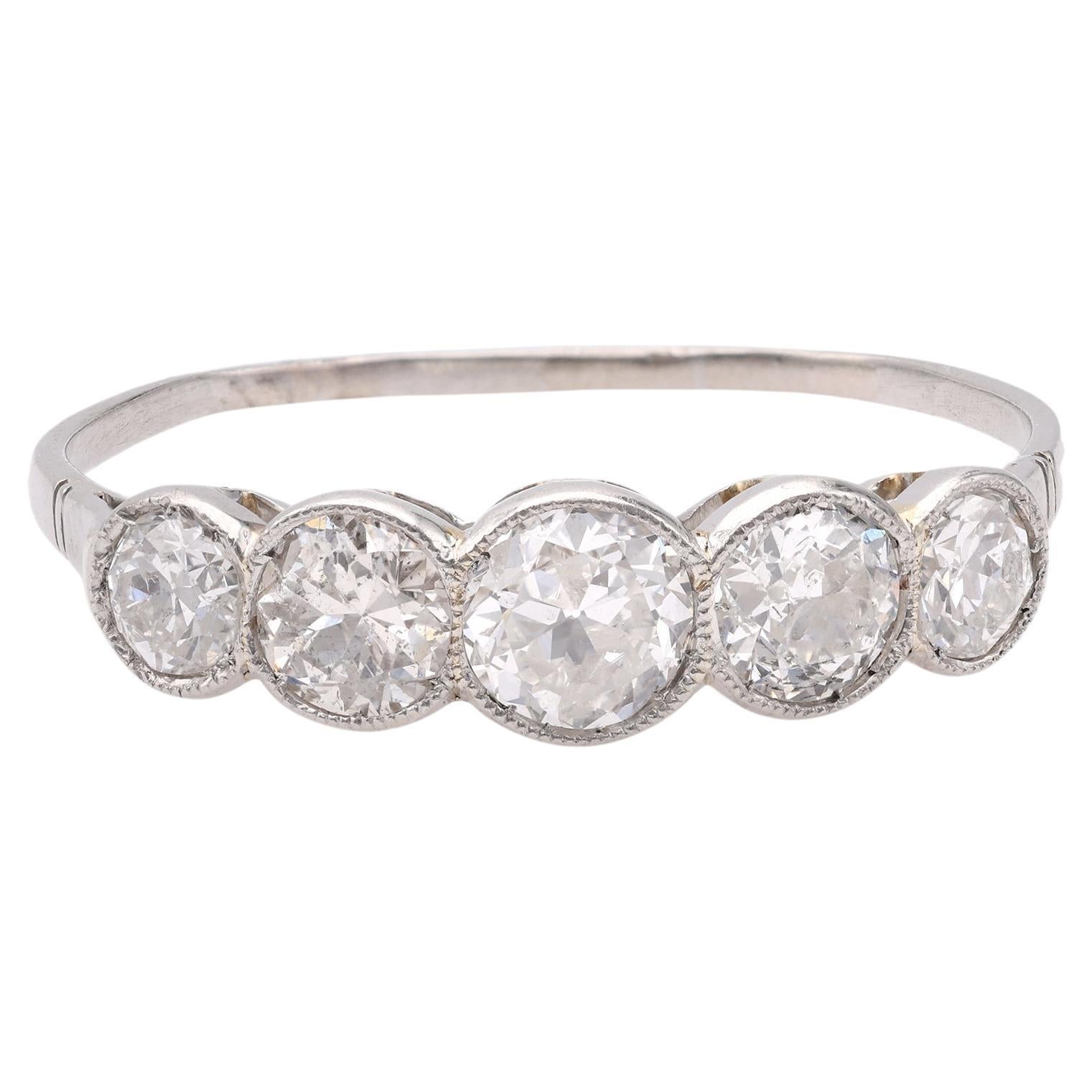 Art Deco Diamond 18k White Gold Five Stone Ring
